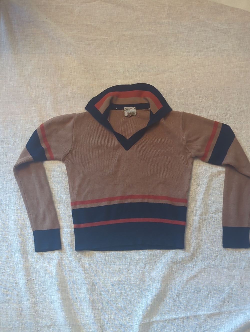 Vintage JC Penney Brown V-Neck Sweater Top Polo with Navy and Orange Stripes
